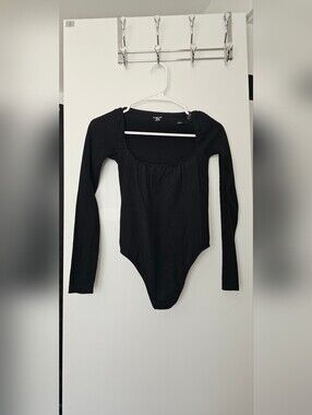Urban Outfitters Black Long-Sleeve Ribbed One-Piece Bodysuit/Leotard